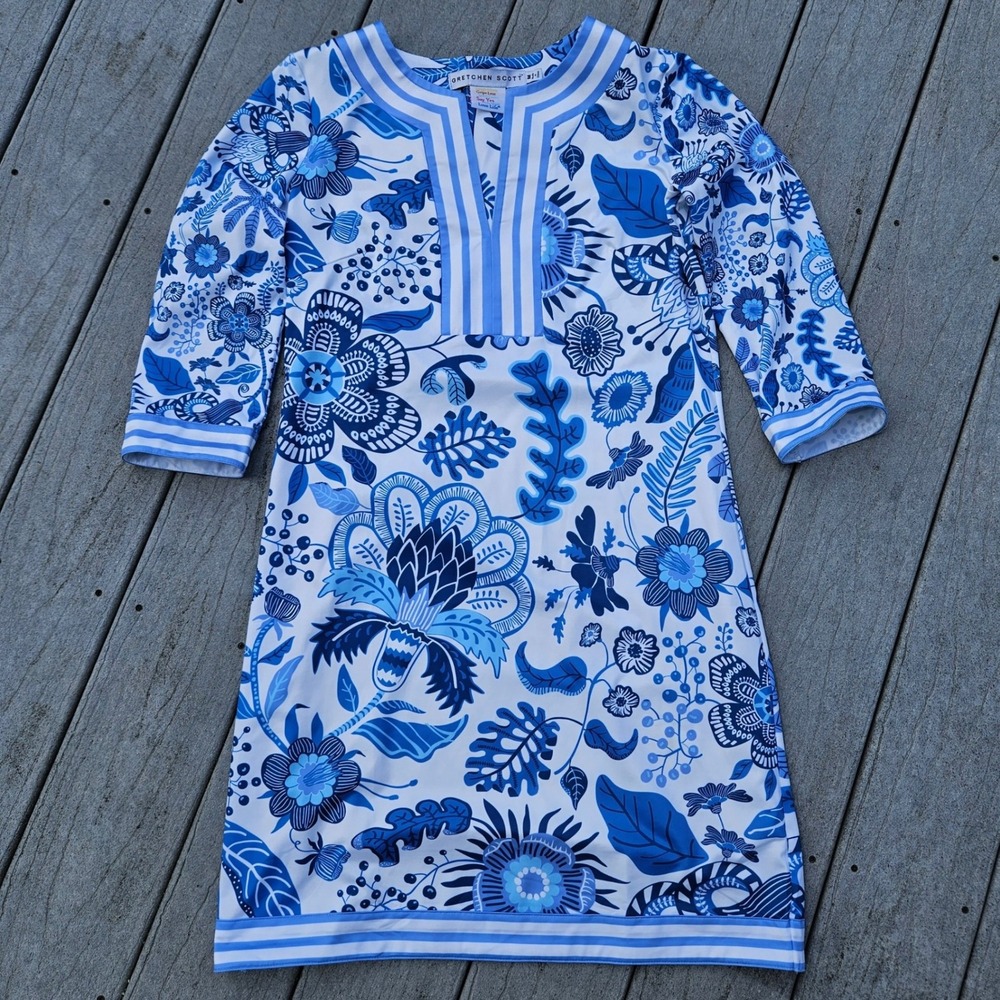 Gretchen Scott Womens Blue White Floral Split Neck 3/4 Sleeve Shift Dress Size M - Picture 2 of 10